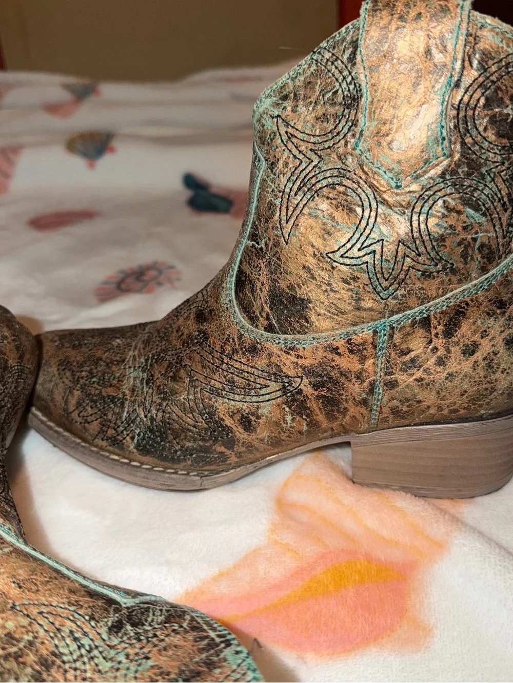 Vintage Distressed Brown/Turquoise Western Ankle Leather Booties Sterling River